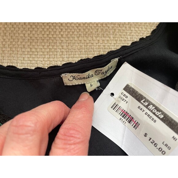 Lanika Taylor at La Moda Navy Sleeveless Dress Embroidered Hem Beaded Neckline L - Picture 5 of 7